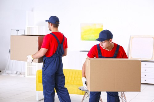 Professional movers loading a van with household items